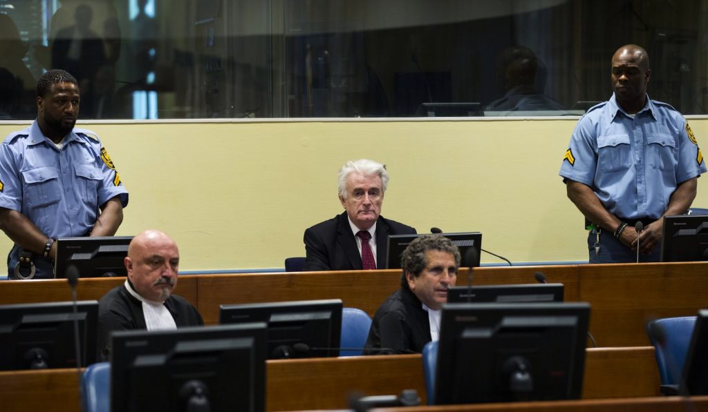 Karadzic nell’aula del tribunale olandese lo scorso mese di marzo (AFP)