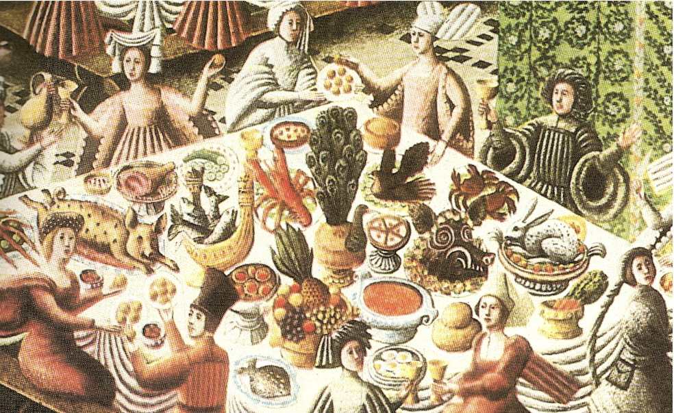 Un sontuoso banchetto medievale tra nobili e dame (Tratto dal libro: Il vino nella storia - Editoriale Domus)