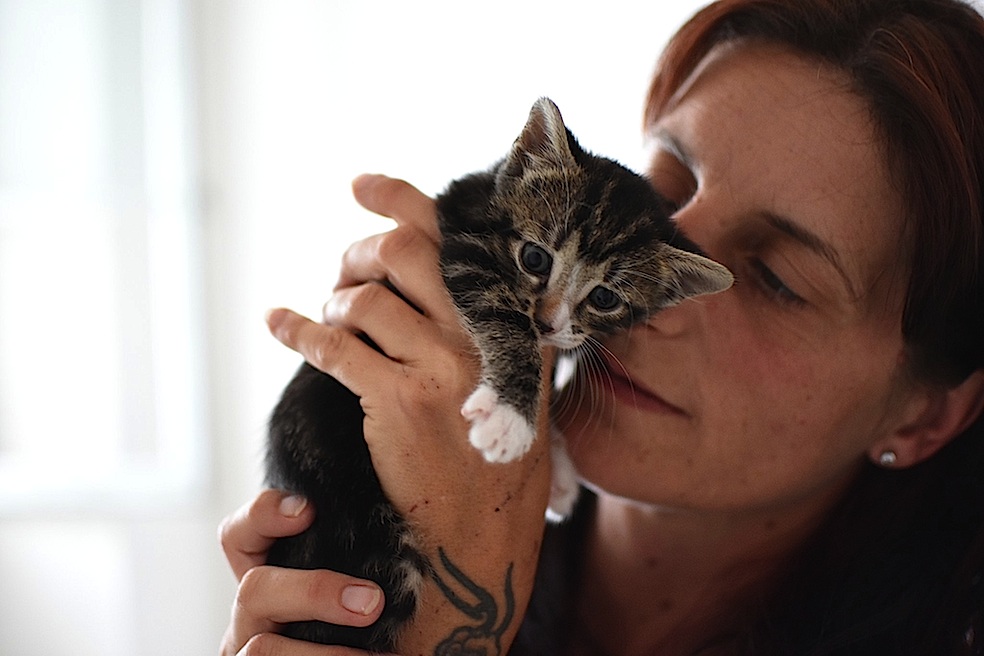 Alessandra Francescato mentre si prende cura di un gattino (MG Buletti)