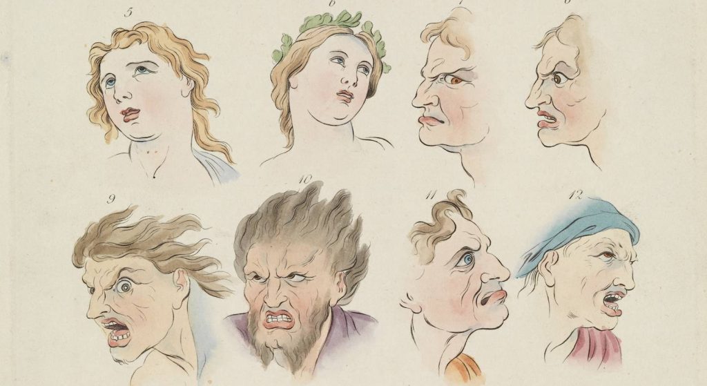 Un estratto dei sedici volti che esprimono la passione umana secondo il pittore della fisiognomica, Charles Le Brun