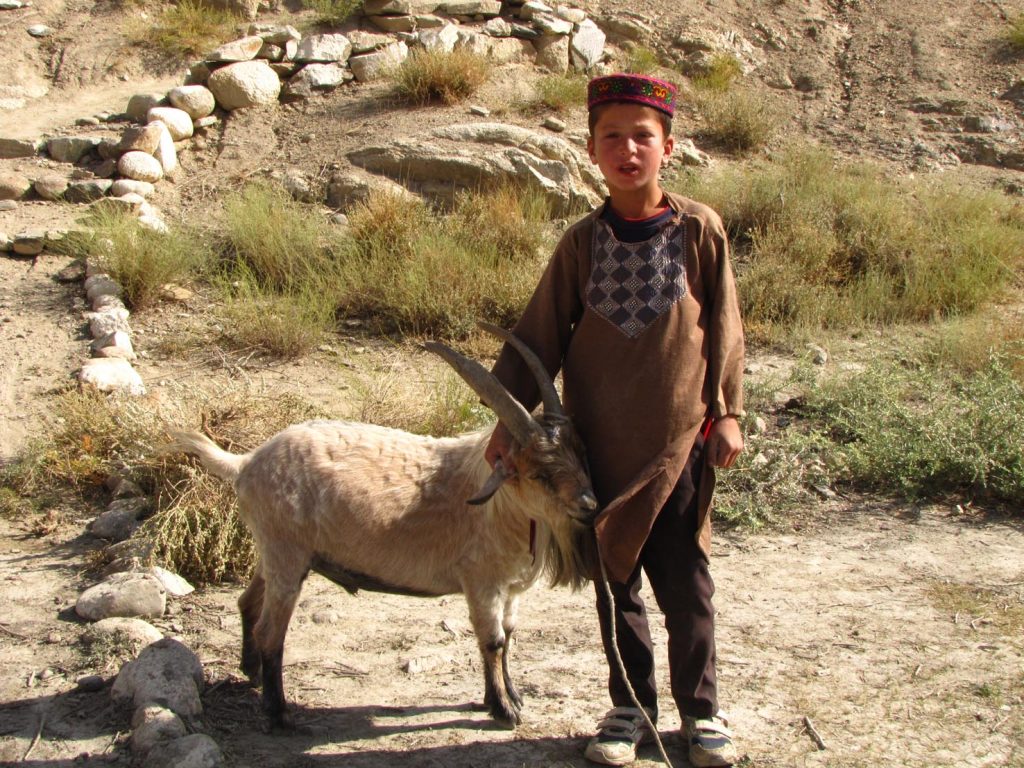 Un bimbo tagiko con una capra del gregge