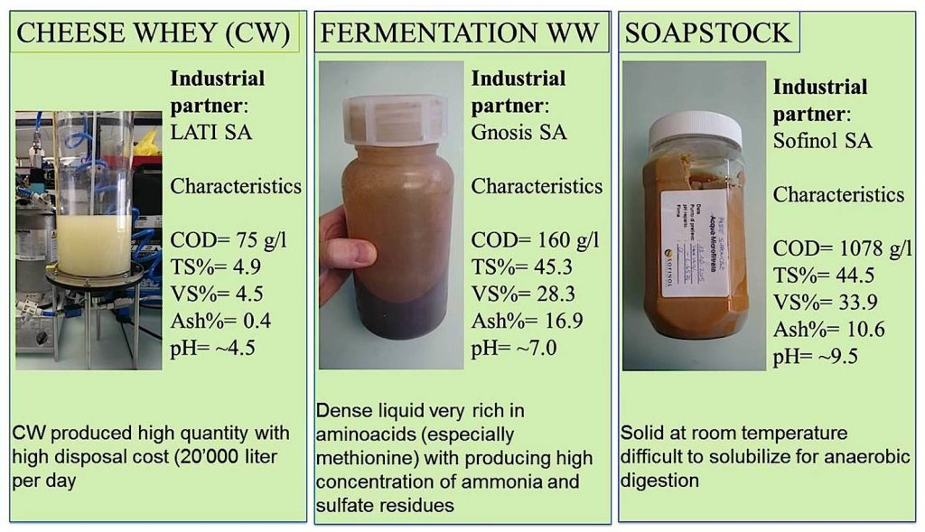 I 3 rifiuti: siero di latte (CW), acqua in uscita dalla fermentazione (FWW) e scarto dalla produzione dell’olio di pesce (SK) (Relaz. finale TANAIS)
