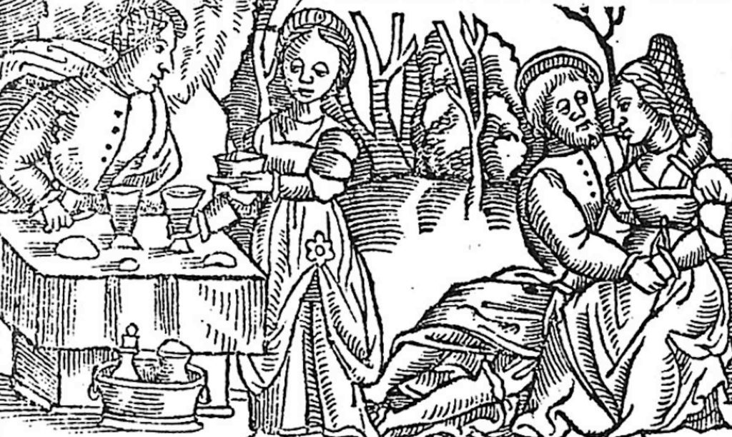 Scena di banchetto da un’antica edizione di Gargantua (Wikimedia)