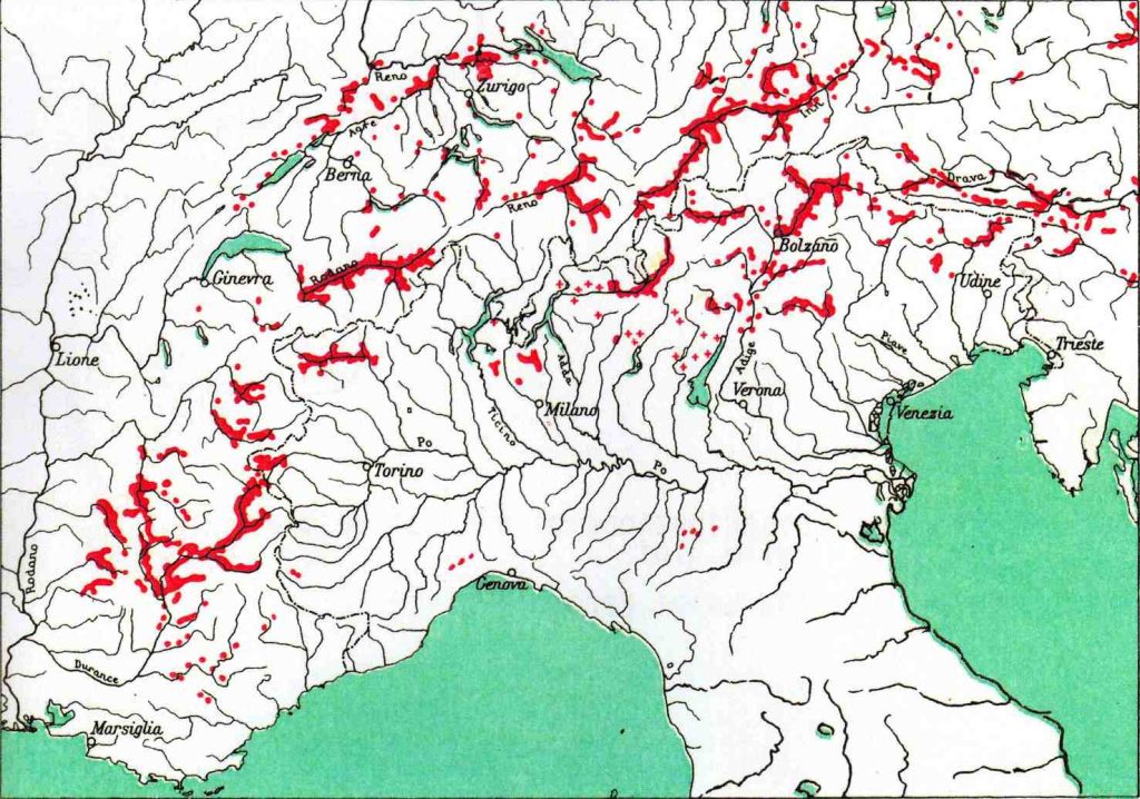 Cartina di distribuzione del pino silvestre nelle Alpi (Da Luigi Fenaroli 1967)