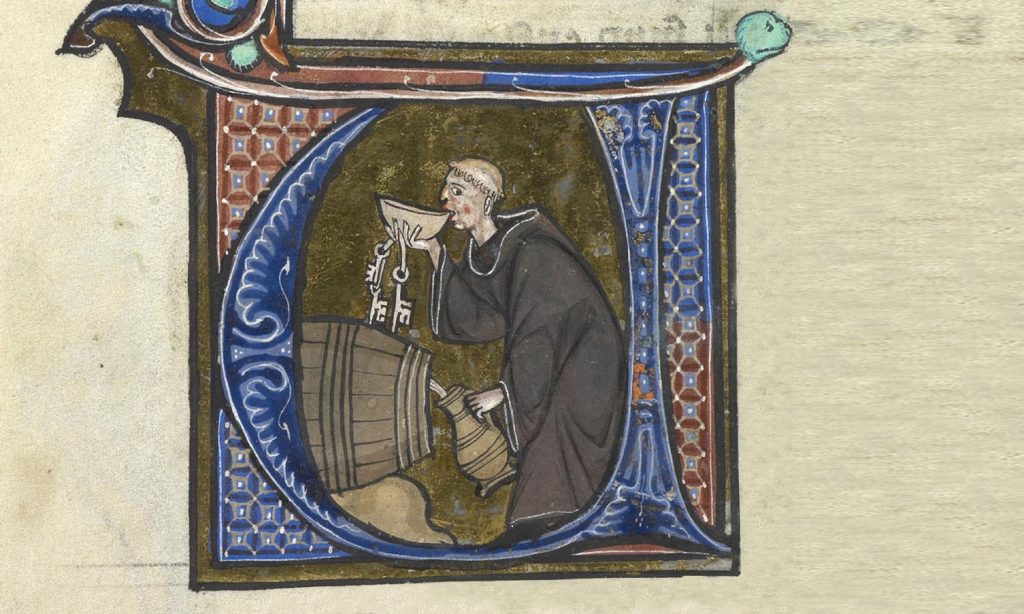 Un monaco cantiniere assaggiatore. Immagine tratta da Li Livres dou Santé. (Conservato e digitalizzato dalla British Library)
