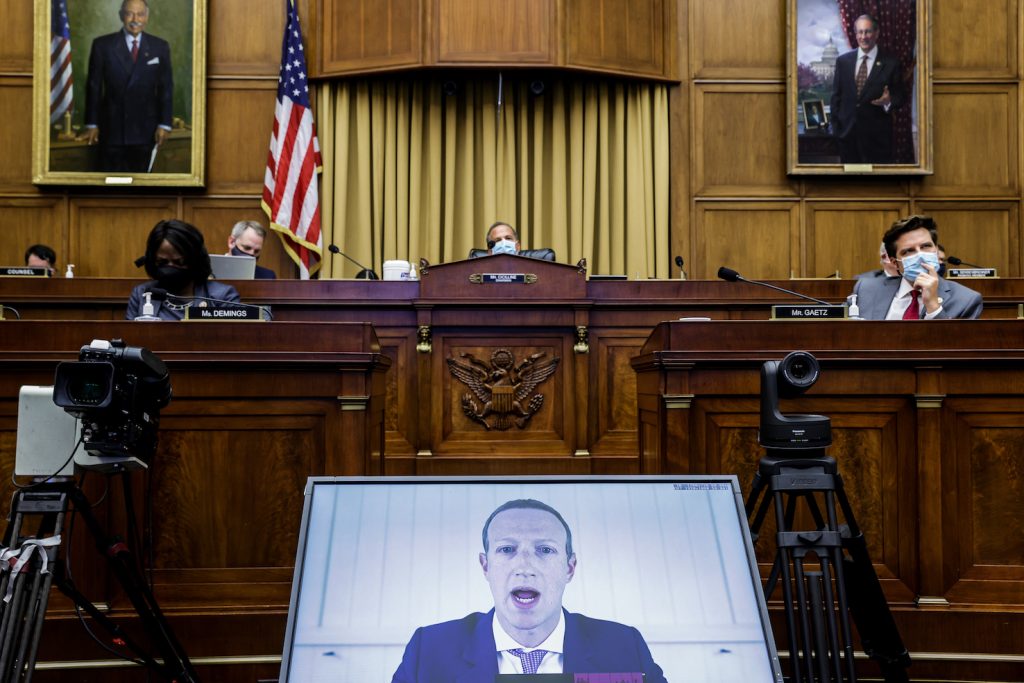 Mark Zuckerberg viene ascoltato in videocollegamento dalla commissione Giustizia della Camera dei Rappresentanti di Washington che sta conducendo un’ampia indagine antitrust (AFP)
