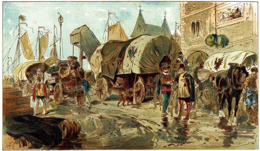 XVI secolo: commercianti europei in viaggio (Acquerello di Heins A., 1885)