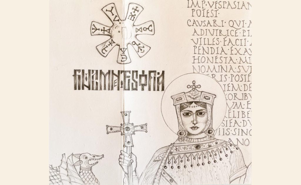 La Santa Caterina che campeggia su uno dei portali della Cattedrale Nevskij, a Sofia. E una rosetta con rune dell’VIII-IX sec. d.C. (Sara Pellicoro)