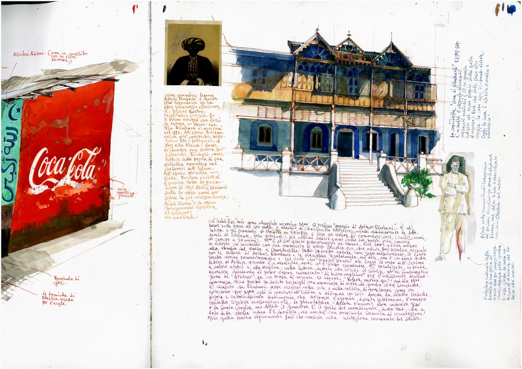 A fianco un ritratto-omaggio al poeta. La fiamma rossa sulla gamba ne prefigura l'amputazione