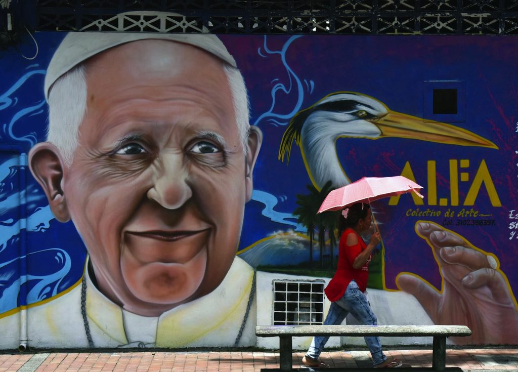 Un dipinto del Papa a Villavicencio, Meta, dove celebrerà una messa (AFP)