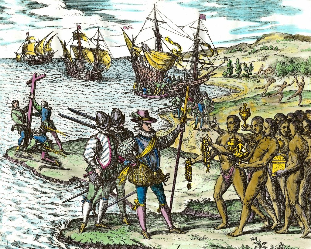 Sbarco di Cristoforo Colombo nel Nuovo Mondo (1594), incisione di Theodore de Bry (AFP)
