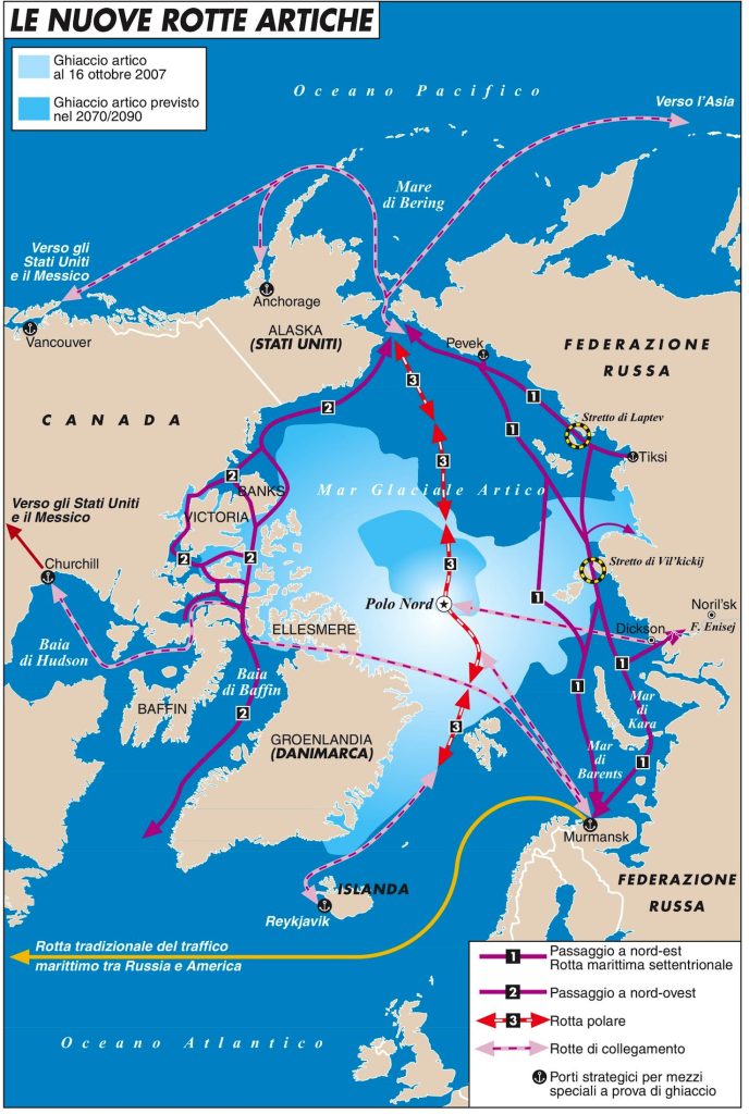 Nella cartina le nuove rotte artiche, a cui la rivista «Limes» dedica l’intero numero in uscita il 7 febbraio (Laura Canali)