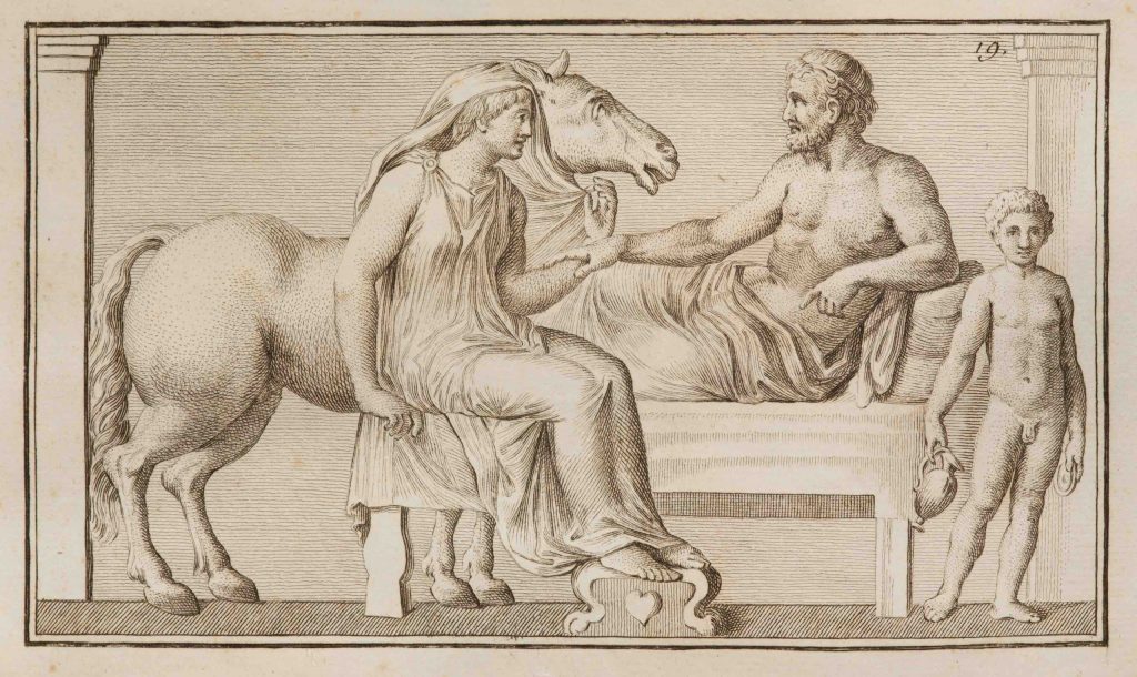 Anonimo, Bassorilievo di marmo raffigurante Cerere, Nettuno e Arione, incisione da «Monumenti antichi inediti» n. 19, 1767 (Collez. d’arte m.a.x. museo)