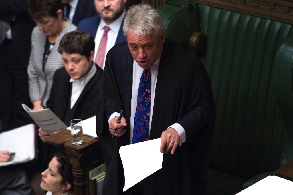 Lo speaker John Bercow ha bloccato il tentativo della May di portare l’accordo a Westiminster per la terza volta (AFP)