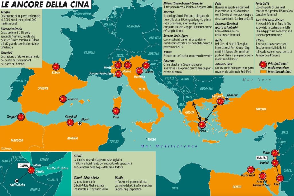 Una cartina che riproduce gli interessi cinesi nel Mediterraneo (Limes)