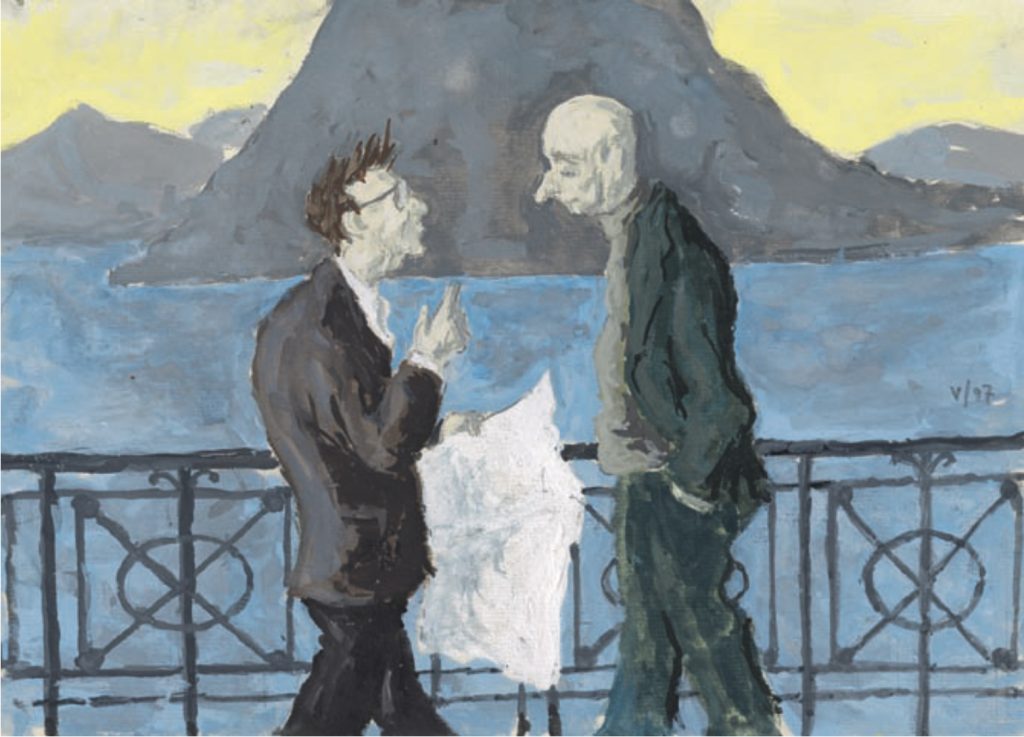Mario Agliati, <i>Colloquio sul quai di Lugano</i>, 1997, tempera su carta, «V/97», cm 17x24 (proprietà privata)