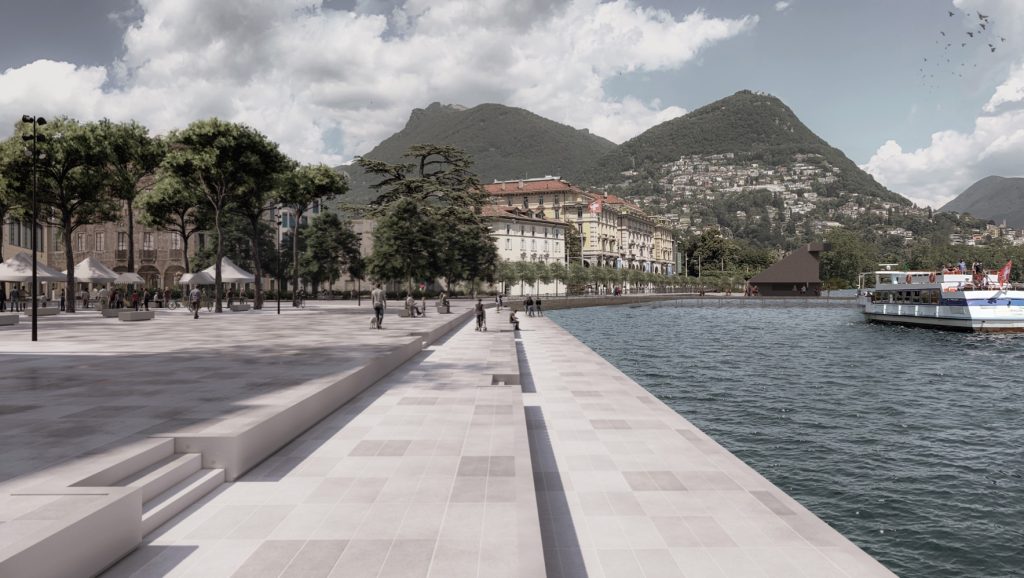 Vista 3D del lungolago di Lugano, progetto del team con capofila Inches Geleta Architetti di Locarno