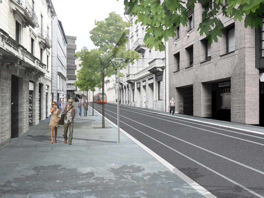 Un’immagine render di come apparirà corso Pestalozzi con il tram (www.ti.ch)