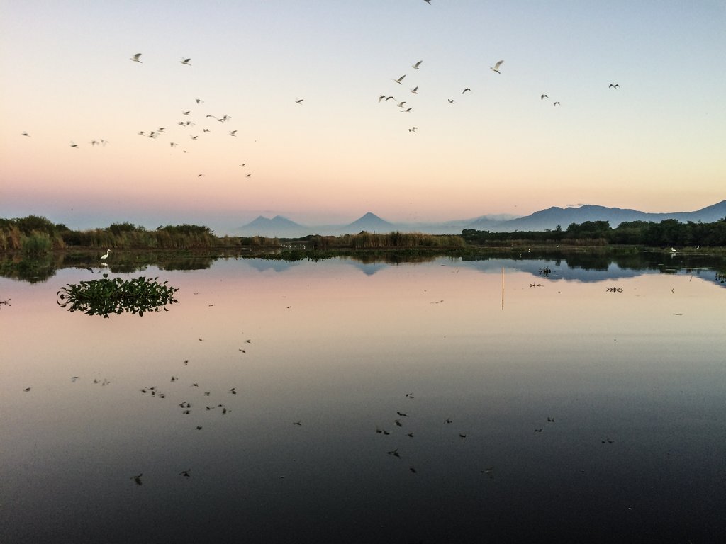 Alba su una delle lagune. Sullo sfondo i vulcani Agua, Pacaya e Fuego
