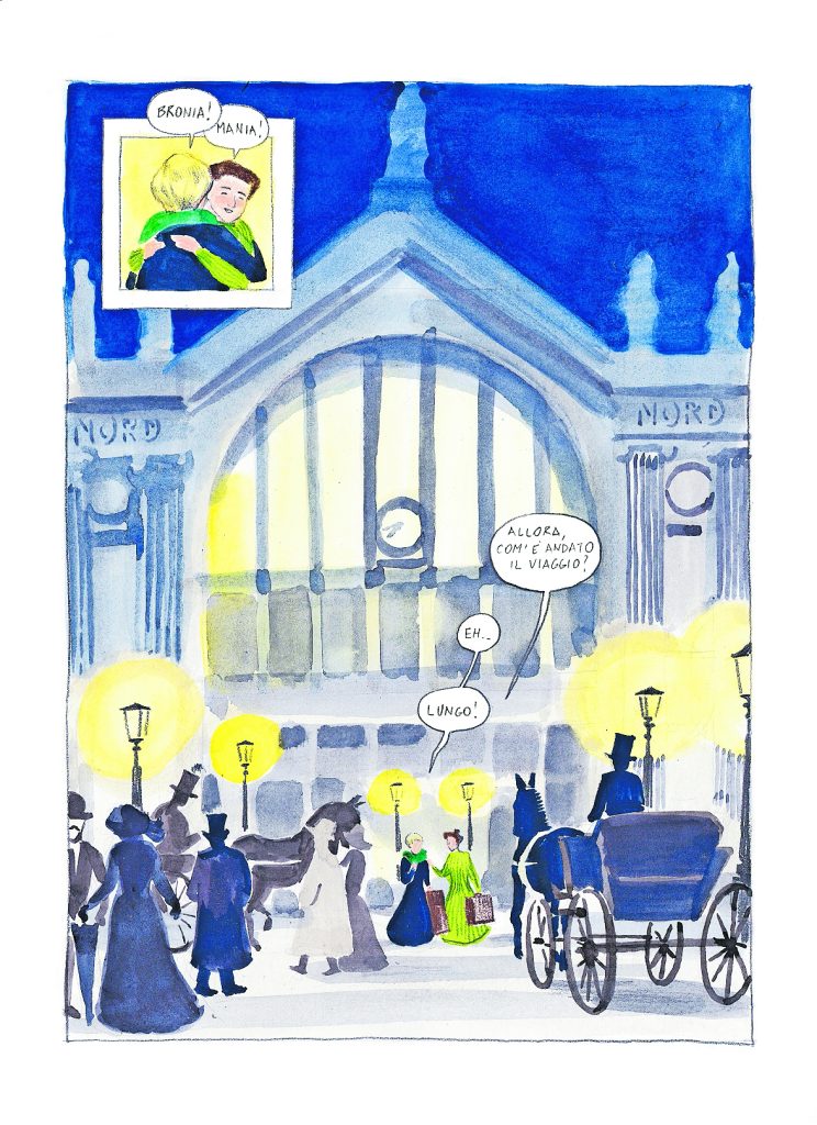 Uno dei disegni di Alice Milani all'interno di Marie Curie, BeccoGiallo Edizioni.