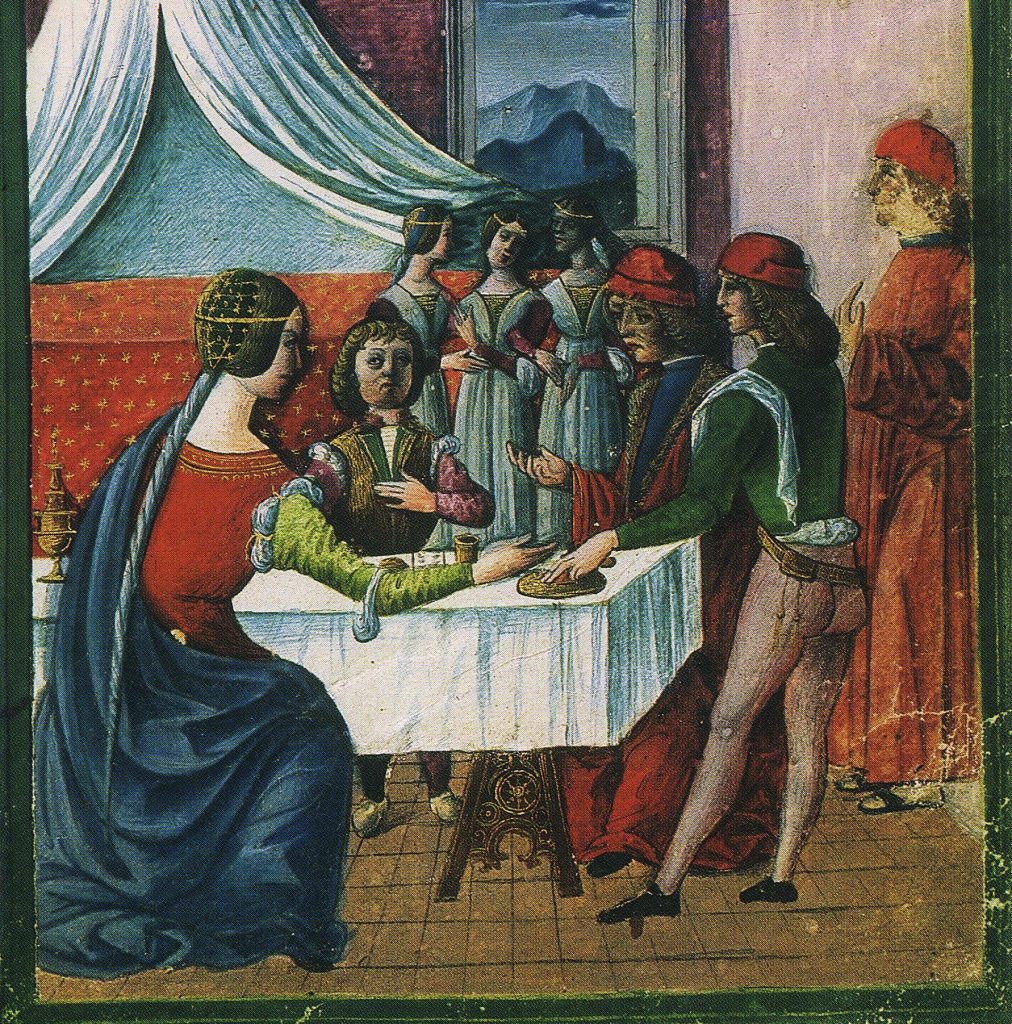 L’unica immagine dalla quale si può dedurre la figura di Maestro Martino, a destra vestito di rosso, nella funzione di cuoco ducale alla corte degli Sforza (Massimiliano Sforza a Tavola, da Liber Jessus, Biblioteca Trivulziana, Milano)