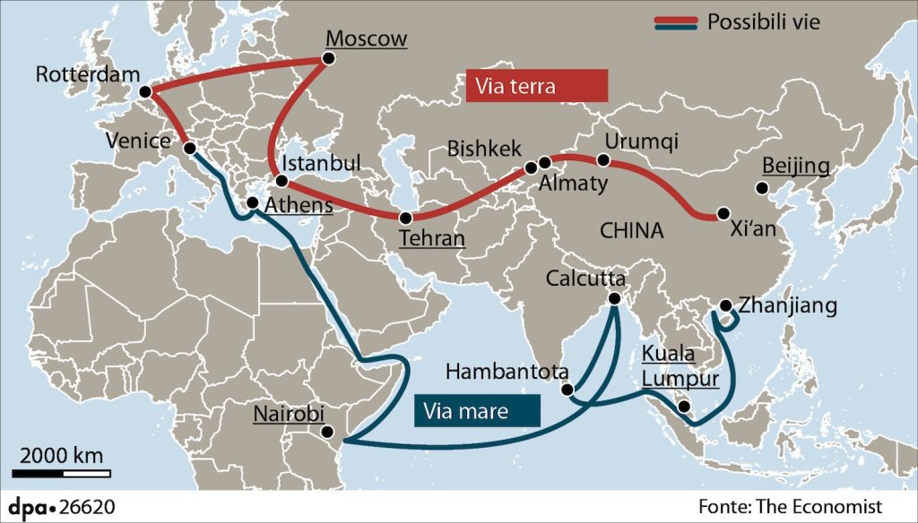 Nella cartina sono indicate la via marittima e la via terrestre del progetto cinese (Keystone)