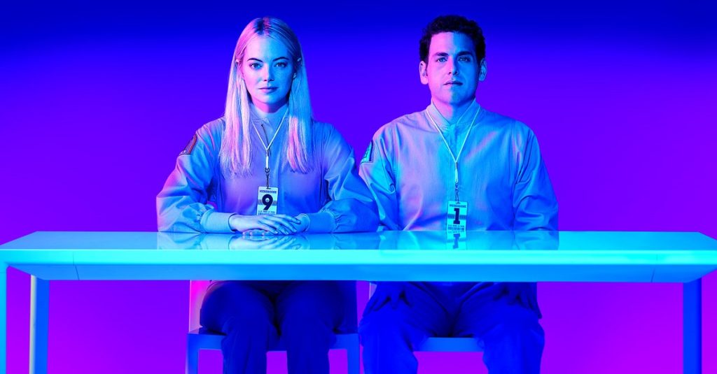 Ripresa dei protagonisti della nuova serie di Netfli, Emma Stone e Jonah Hill (www.lascimmiapensa.com)