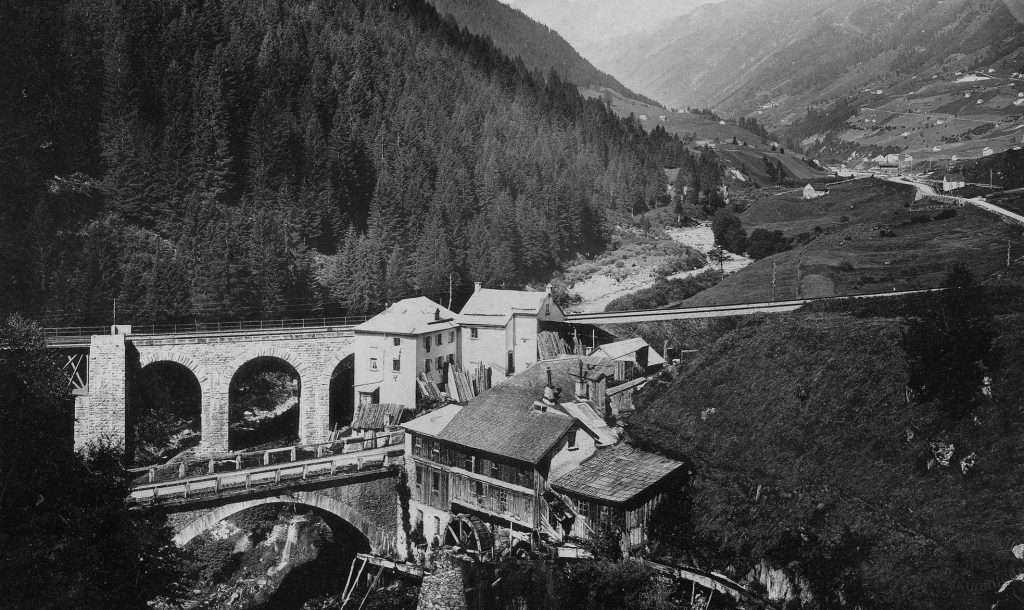 La segheria Pini (oggi segheria Filippi) ad Airolo, 1892 ca. (Archivio di Stato, Bellinzona)