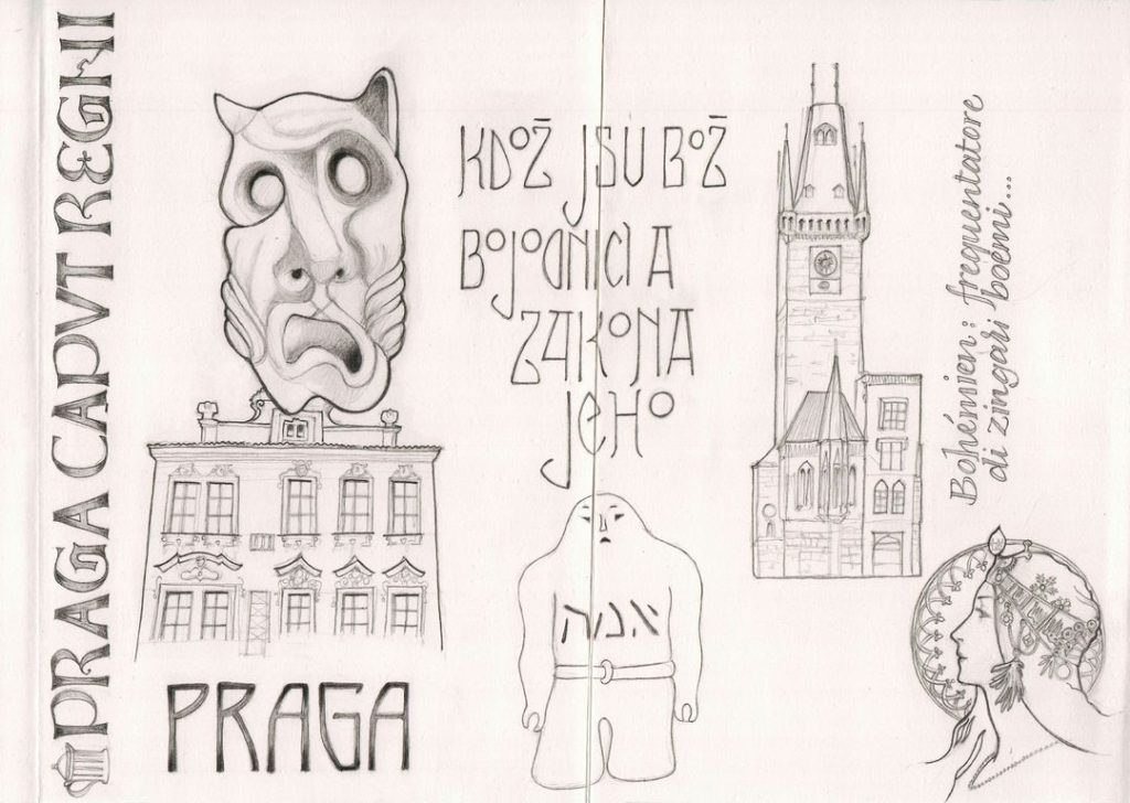 Praga, una casa del centro e un dettaglio della facciata, il Golem, l’antico Municipio e una testa di donna di Alfons Mucha (Sara Pellicoro)