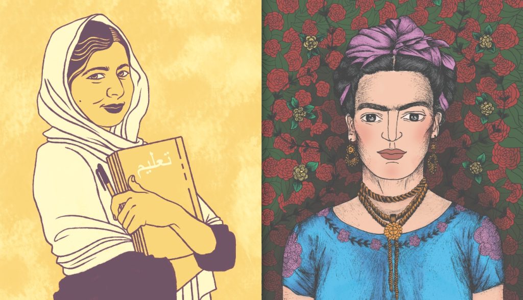 Malala Yousafzai, illustrazione di Sara Bondi, e Frida Kahlo, illustrazione di Helena Moras Soares (Timbuktu Labs, Inc)