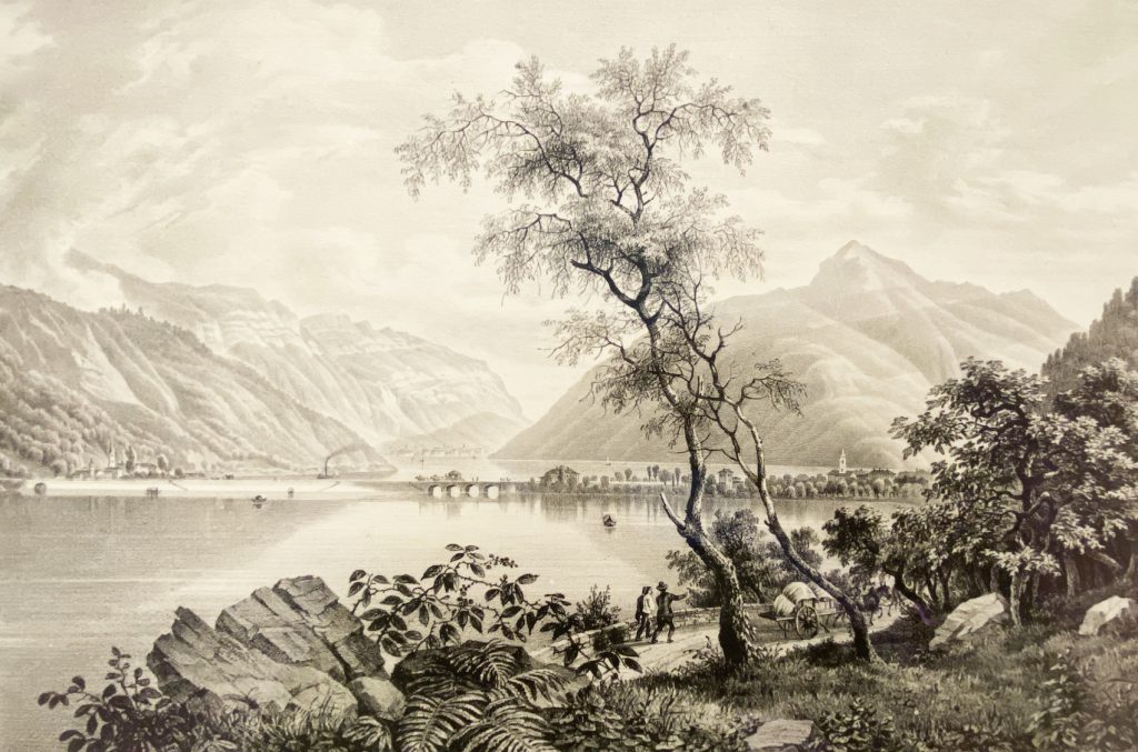 Il ponte diga fra Melide e Bissone sul Lago di Lugano. Litografia del 1847 (Biblioteca cantonale di Lugano, Fondo Giorgio Ghiringhelli)