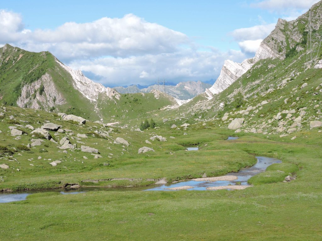 I vasti pascoli dell’Alpe Campolungo (2087 m) con le sue bianche scogliere di dolomia saccaroide e in fondo l’affascinante Passo Vanit (Foto G.Brenna)