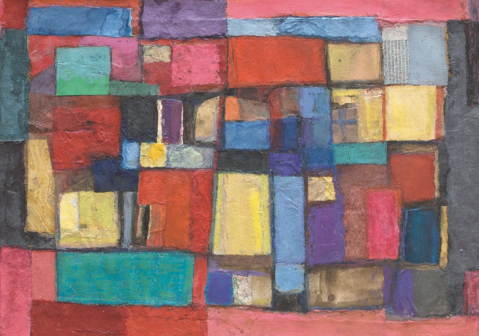 Marie-Michèle Poncet, La table du brocanteur, collage e pittura, 2015