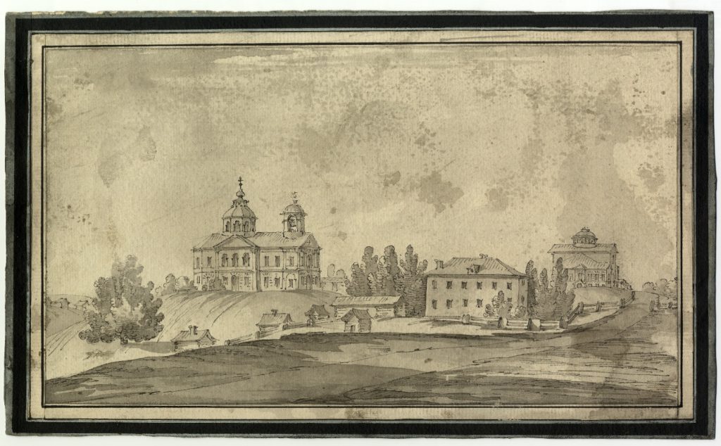 Giacomo Quarenghi, Veduta di una tenuta di campagna con chiesa e villa, fine Settecento (Mendrisio, Archivio del Moderno, Fondo Domenico Quadri)