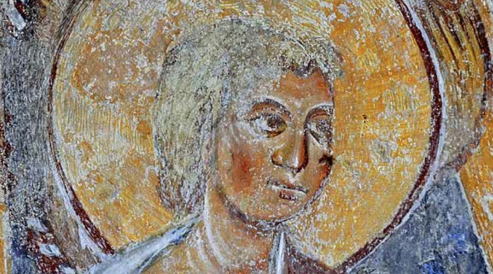 Riva San Vitale, battistero di San Giovanni: Angelo con cartiglio (dettaglio)