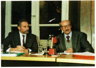 Ottavio Lurati e Amleto Pedroli durante una presentazione (1990)