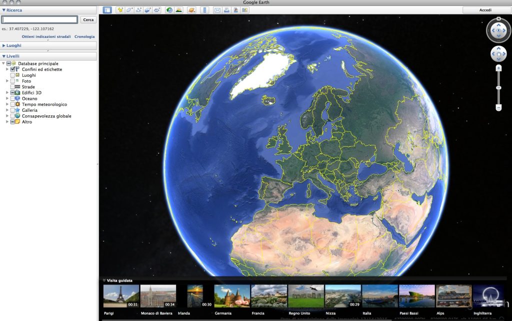 La schermata introduttiva del programma, con il globo digitale sospeso nello spazio (earth.google.com)