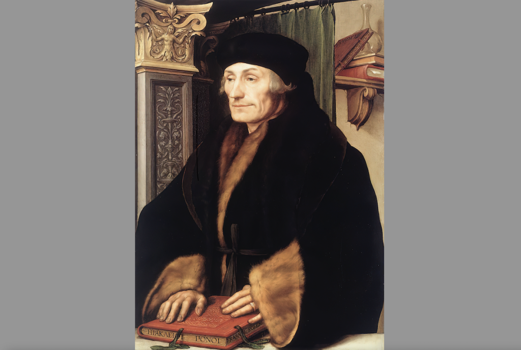 Ritratto di Erasmo da Rotterdam con pilastro rinascimentale, a firma del pittore Hans Holbein il Giovane