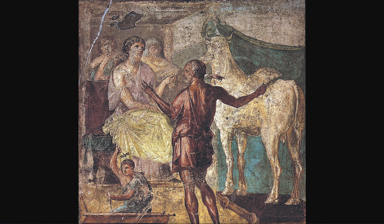 Dedalo dona la mucca di legno a Pasifae, moglie di Minosse. Affresco romano ritrovato a Pompei (Wikipedia)