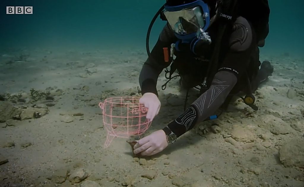 Ricostruzione in 3D di un reperto ritrovato sul fondale del mare dove si trovano immersi i resti di Pavlopetri nel documentario della BBC (BBC)