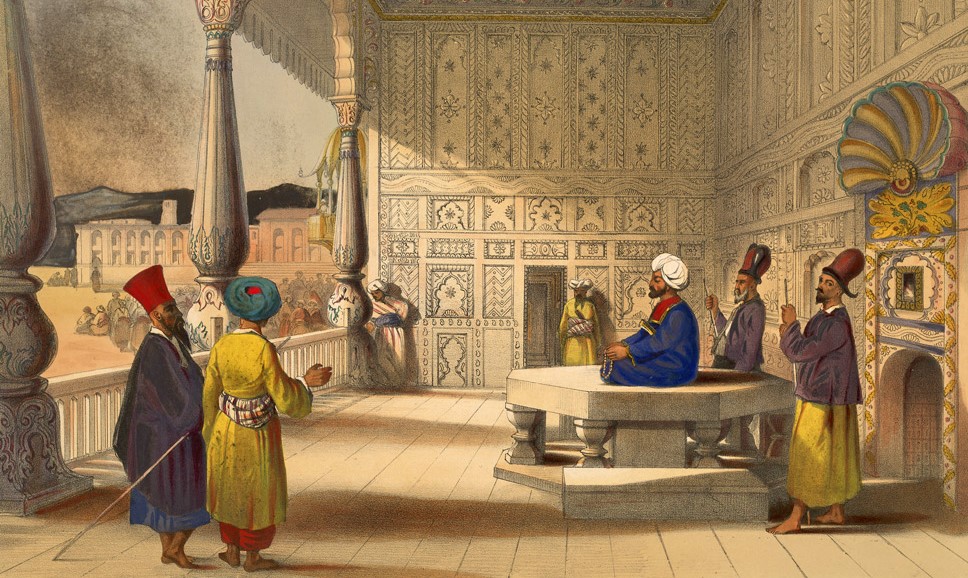 Shah Shuja nel 1839 dopo la sua incoronazione a emiro dell’Afghanistan, Kabul; litografia di James Rattray (Wikipedia)