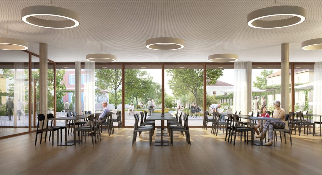 Render della grande area comune nell’edificio che ospiterà la Casa per anziani (Architetti Tibiletti Associati) 