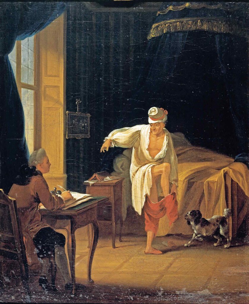 Voltaire mentre si alza dal letto nella casa di Ferney, 1772 ca., in un ritratto di Jean Huber (1721-1786), (Keystone)