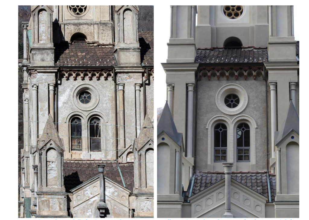 Un particolare della chiesa prima e dopo il restauro (Montiglia/Mantovani)