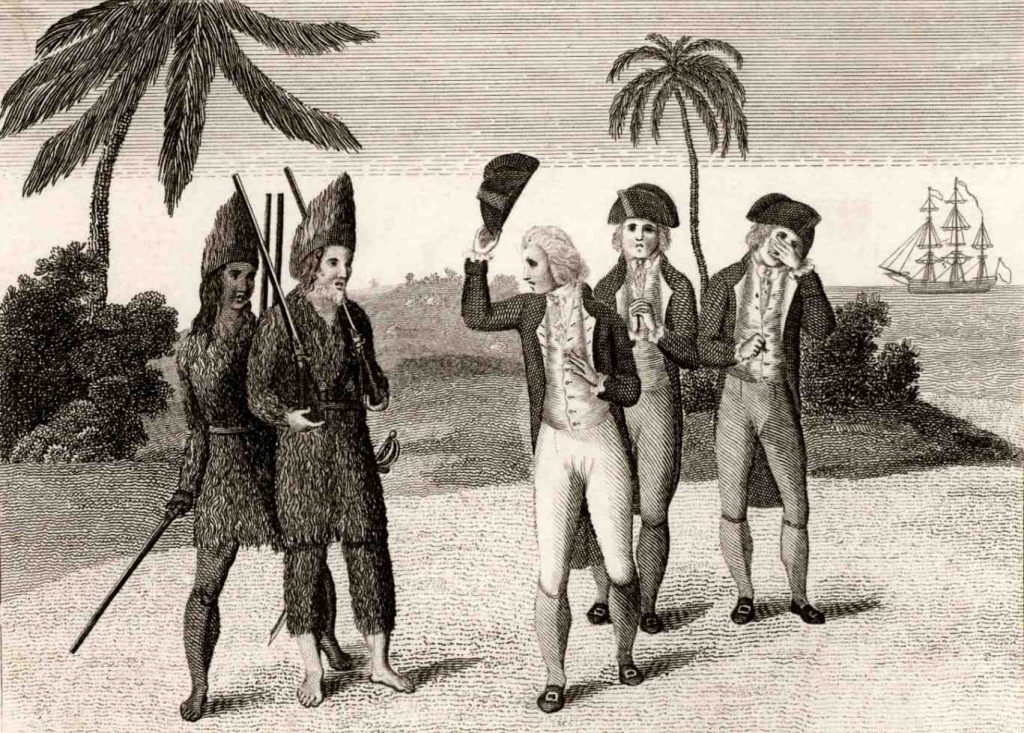 Robinson Crusoe e Venerdì (sulla sinistra) in un'incisione del 1790 (Keystone)