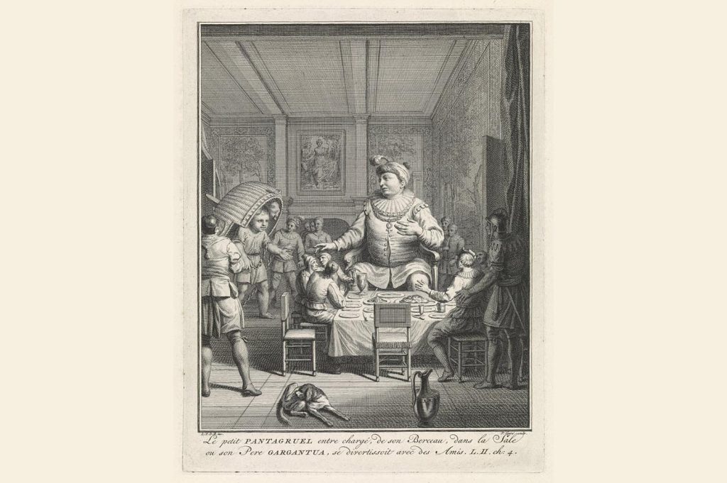 Pantagruel entra nella stanza dove è seduto a tavola suo padre Gargantua (Pubblico dominio)
