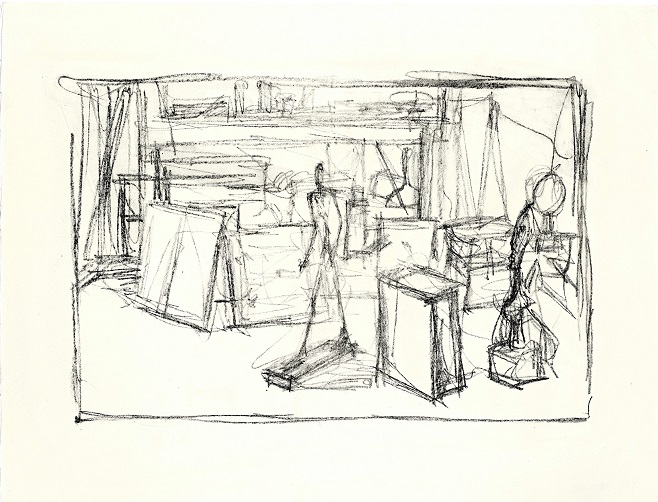 Alberto Giacometti, Sculptures et tableaux dans l’atelier dont l’“Homme qui marche” II, 1951, Stamp. At. Mourlot, Paris, Samm. C. Gross, Sent (©ProLitteris)