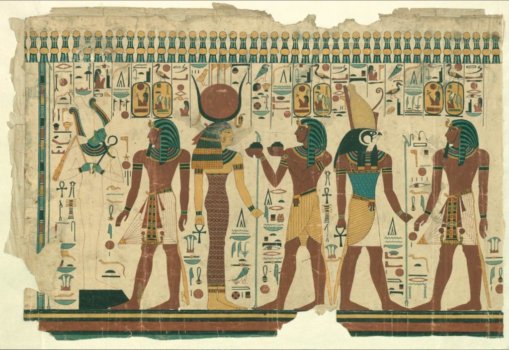 Seti I davanti alle divinità Harsiesi, Hathor e Osiride, anticamera I destra. Disegno di Belzoni H4447.a