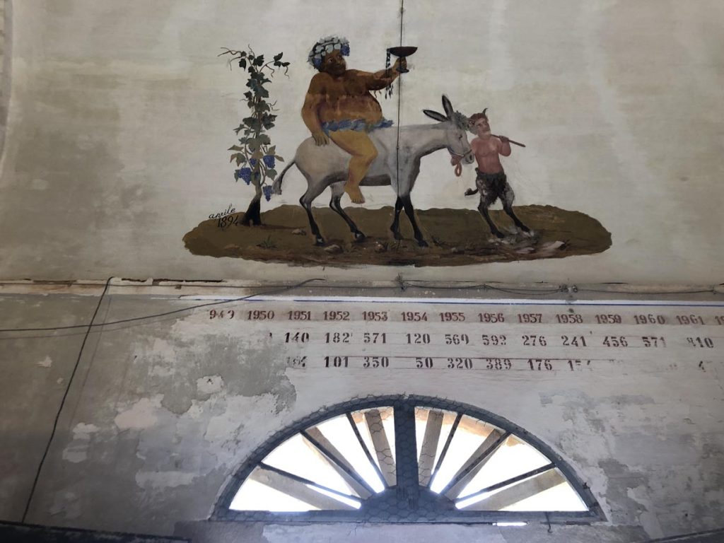 L’affresco vinicolo datato aprile 1894 che sovrasta il portone dall’antica cantina