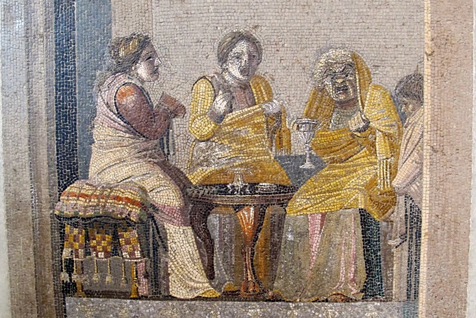 Musici che consultano una fattucchiera, mosaico proveniente da Pompei (Museo Archeologico di Napoli, Wikipedia)